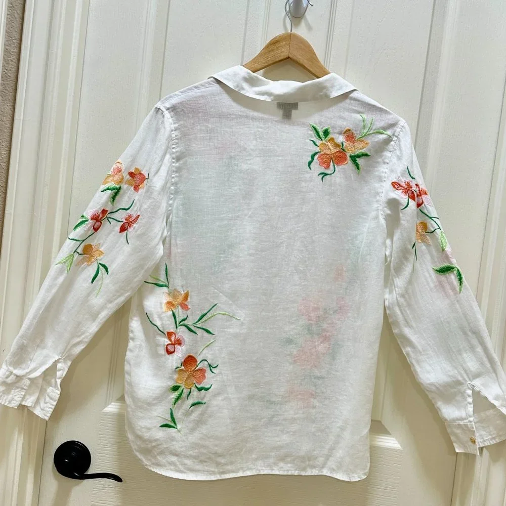 J.Jill 100% Linen Embroidery Shirt Blouse Women's Size S White Floral Button Up - Picture 13 of 16